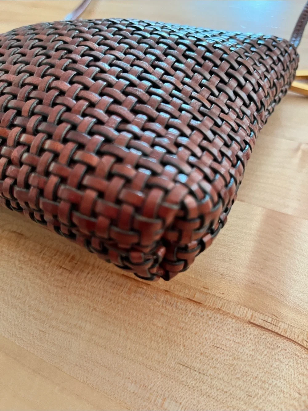 Americana by Sharif Woven Mini Crossbody Bag in Rich Brown with Gold Accent
